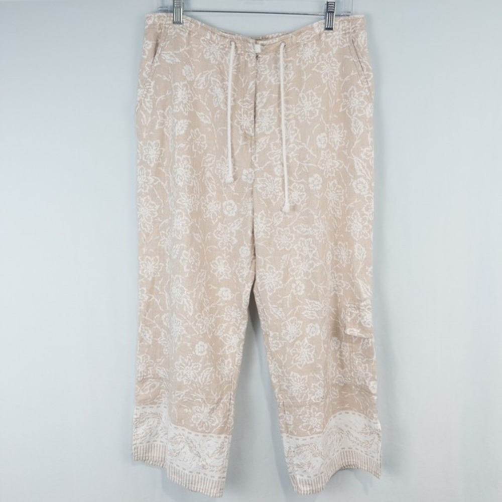 Willi Smith Floral Linen Cropped Wide Leg Cargo Pants Size 12 Beige Beach Resort